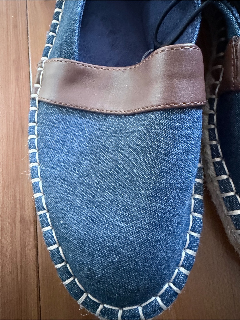 St. John's Bay Blue Denim Espadrille Slip-Ons with Brown Trim